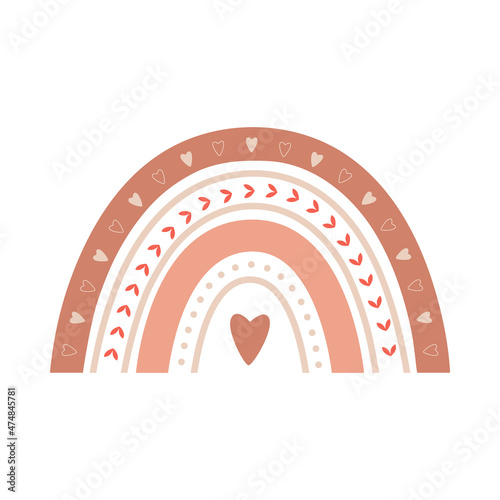 Cute boho rainbow with hearts, twigs and boho elements. Decorative element of neutral, pastel colors for nursery design, baby shower cards and invitations. Vector illustration isolated white