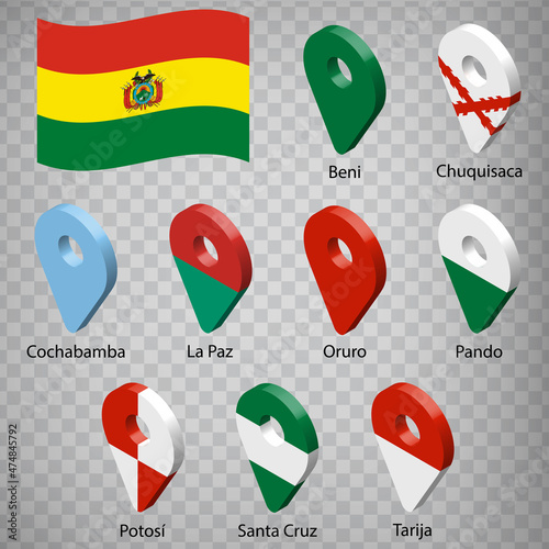 Nine flags the Departments of Bolivia  -  alphabetical order with name.  Set of 3d geolocation signs like flags Departments of Bolivia. Nine 3d geolocation signs for your design. EPS10 photo
