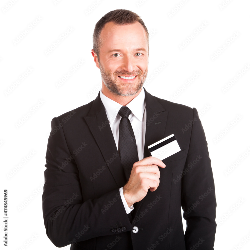 Portrait of a businessman holding blank credit card over white background Portrait of a businessman holding blank credit card over white background