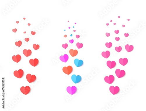 Set of colorful hearts for stream in paper cut style. Flying red pink orange and blue hearts for social media posts, live streaming. Blogging live positive reaction template. Vector illustration.