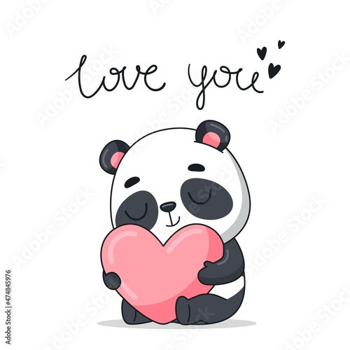 Baby panda hugs a heart. Postcard in cartoon kawaii style. Vector for design, banners, children's books and patterns