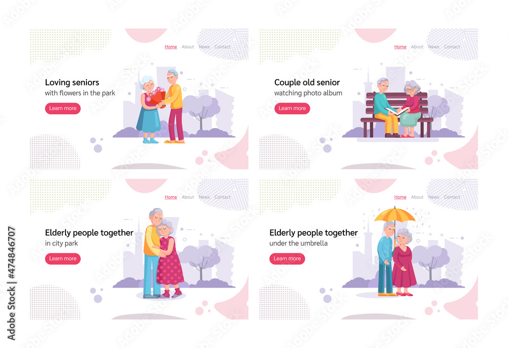 Couple older senior leisure activity landing page set. User interface promo elderly man and woman