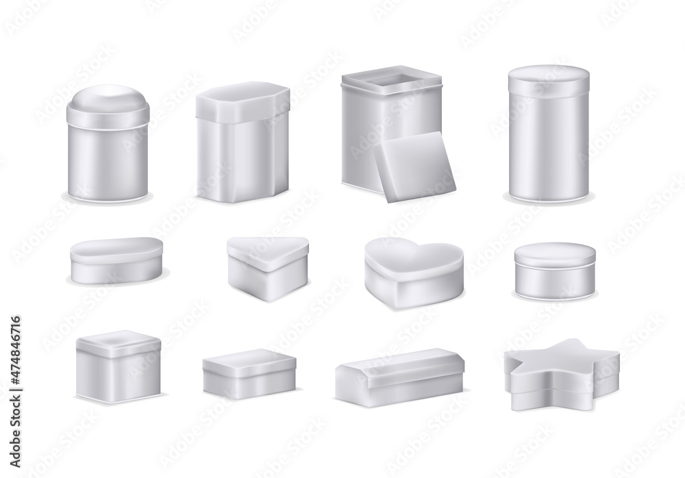 Realistic metal box mockup set. Aluminum containers boxes different shapes oval, round low jar, high cylindrical can, tea square heart star metal box for storing accessories, gifts, products vector Realistic metal box mockup set. Aluminum containers boxes different shapes oval, round low jar, high cylindrical can, tea square heart star metal box for storing accessories, gifts, products vector