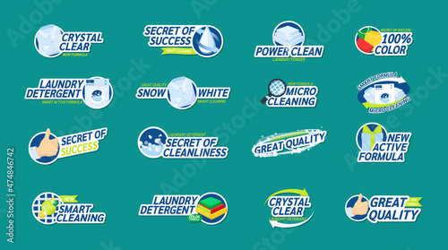 Washing clothes stickers and label - crystal clear, snow-white, laundry detergent