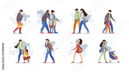 Group people character choking on dust wearing protective face masks