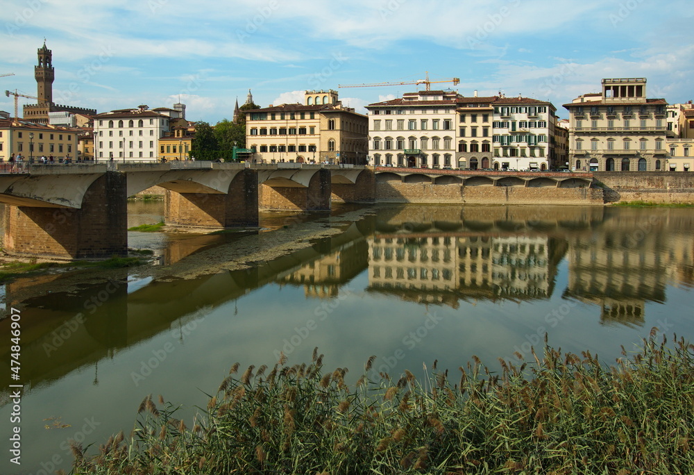 Fototapeta premium View of the bridge Ponte alle Grazie over the river Arno in Florence, Italy, Europe 