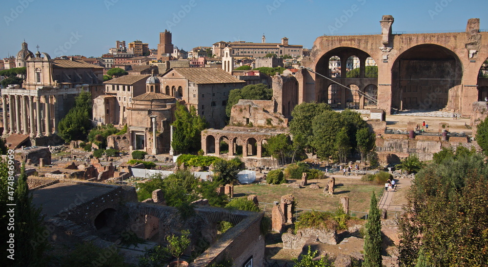 View of Forum Romanum from Orti Farnesiani sul Palatino in Rom, Italy, Europe
