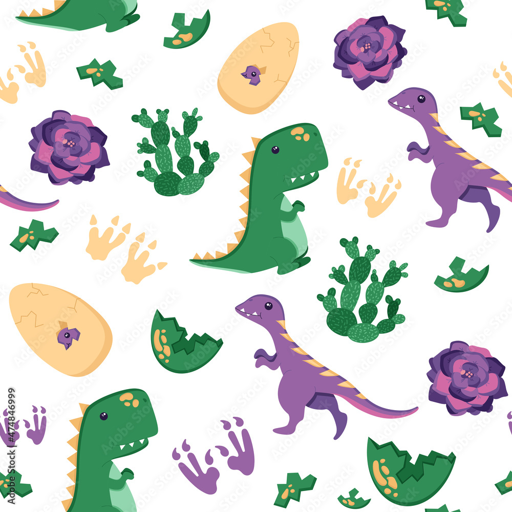 Seamless pattern of cute t-rex and lizard with cactus and footprint for decorating the nursery, banners or textile. Flat style, isolated on a white. Vector illustration Seamless pattern of cute t-rex and lizard with cactus and footprint for decorating the nursery, banners or textile. Flat style, isolated on a white. Vector illustration