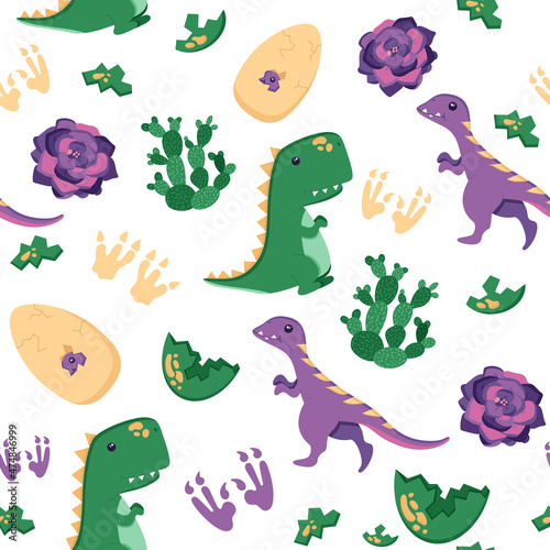 Seamless pattern of cute t-rex and lizard with cactus and footprint for decorating the nursery  banners or textile. Flat style  isolated on a white. Vector illustration
