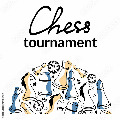 Flat style. A hand-drawn set of chess elements. People playing chess. Stacked pieces stacked in a circle. Isolated vector illustration for board game store, store, game competition.