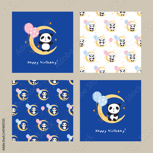 Set of seamless patterns and cards with cute pandas on the moon with balloons for gift wrap, kids textile or book covers, wallpapers and scrapbook. Vector. photo