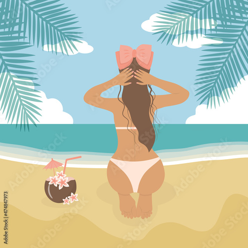 Back view of girl in swimsuit relaxing on the beach. Coconut cocktail nearby. Summer vacations. Beautiful girl in bikini. Summer vector poster in retro style. 
