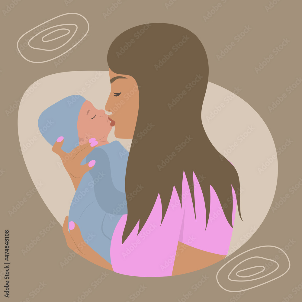 Mom and baby. Vector Illustration Of Mother Holding Baby Son In Arms and kissing him. Happy Mother`s Day Greeting Card. Minimalism style, boho elements.