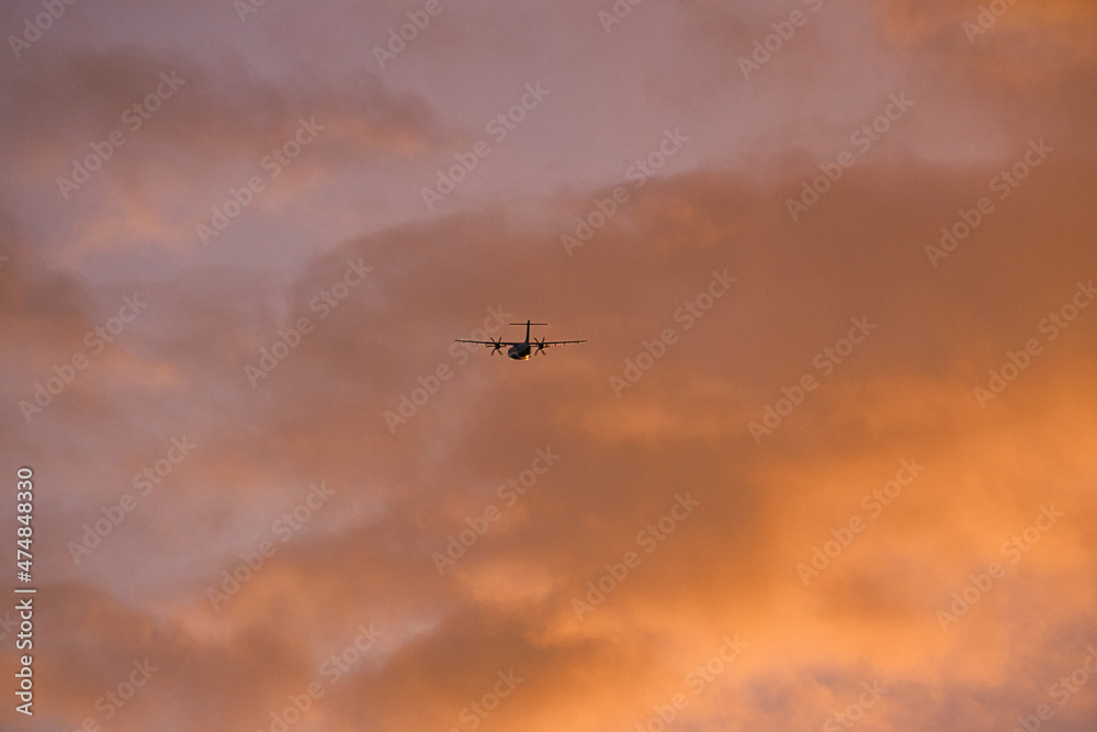 airplane in the evening sky in luminous horizon.