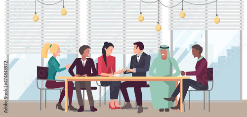 Businesspeople have project strategy planning meeting. Teamwork with business plan, creating new creative project. Meeting to discuss starting business. Colleagues discussing work in entrepreneurship