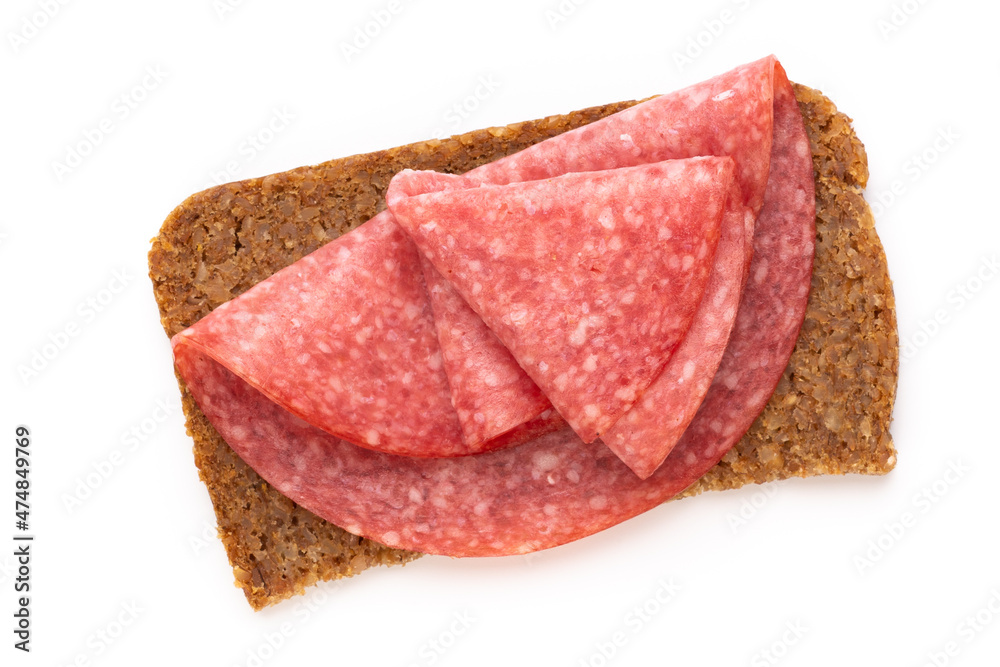 Sandwich with salami sausage on white background. Sandwich with salami sausage on white background.
