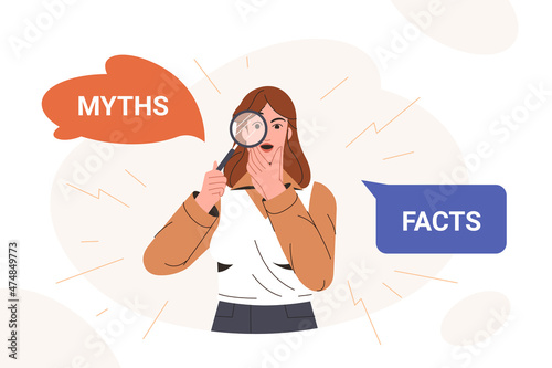Myths and facts flat vector illustration. Amazed woman looking through magnifying glass and thinking or comparing between truth and false. Fake news versus true and honest. Concept of fact checking.