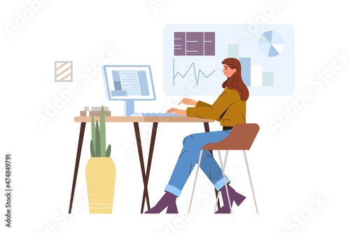 Flat business young woman working at office desk. Worker sitting at the table with computer and analyzing statistical information, charts and graphs. Digital data analysis and statistical concept.
