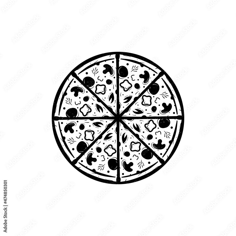 Set slice pizza Pepperoni, Hawaiian, Margherita, Mexican, Seafood, Capricciosa. Vintage vector engraving illustration for poster, menu, box. Isolated on white background