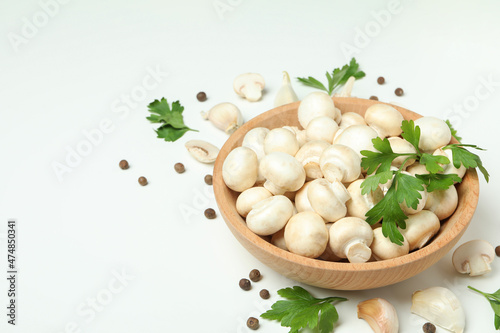 Concept of tasty food with champignon on white