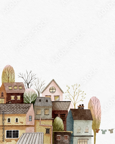 Watercolor house hand painted on white background.Estate cute old town with tree in village.City building brick home in town,Vertical Vector illustration for poster, card for spring, summer background