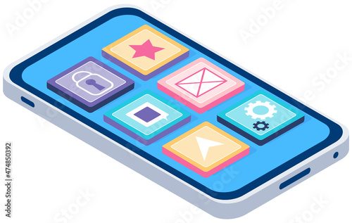 Smartphone and standard mobile applications on screen. Programming technology, software development, apps for electonic device. Development of mobile application, program for phone modern gadget