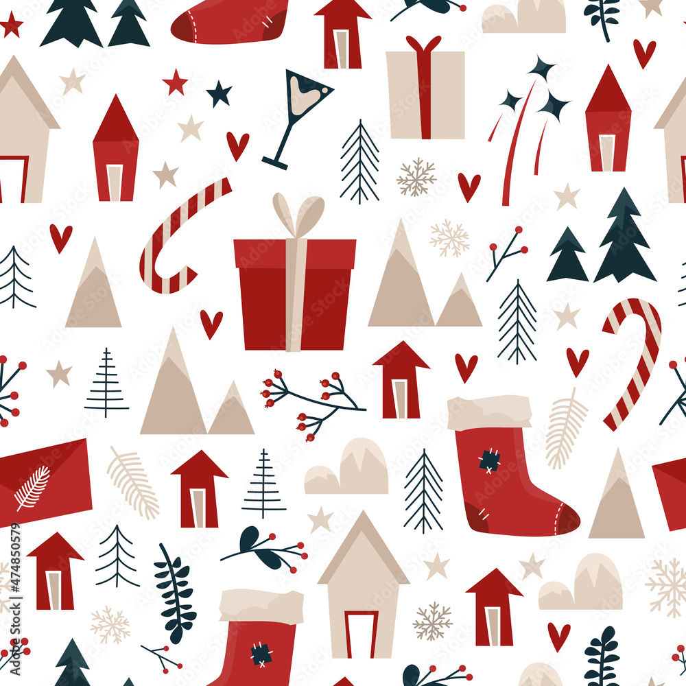 Christmas pattern with gifts, trees and mountains in scandinavian style. Vector stock illustration