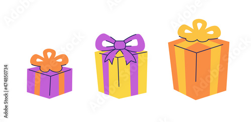 Three gift boxes in a row small to large. Size increase or compare. Vector flat illustration isolated on white.