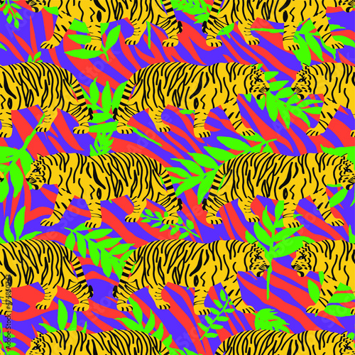 Abstract Hand Drawing Bengal Tigers and Tropical Leaves Seamless Vector Pattern with Striped Background