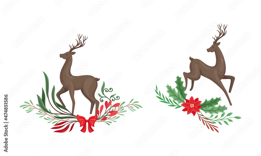 Set of graceful deers with tree branches, berries and flowers cartoon vector illustration Set of graceful deers with tree branches, berries and flowers cartoon vector illustration