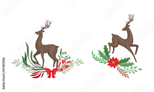 Set of graceful deers with tree branches  berries and flowers cartoon vector illustration