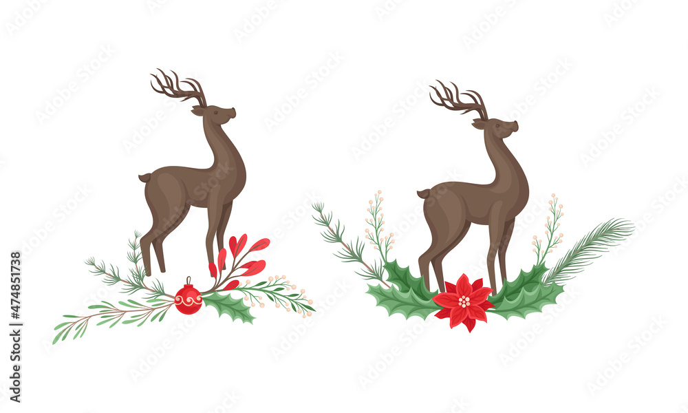 Set of deers with tree branches, flowers and holly berries. Christmas holidays design element cartoon vector illustration Set of deers with tree branches, flowers and holly berries. Christmas holidays design element cartoon vector illustration