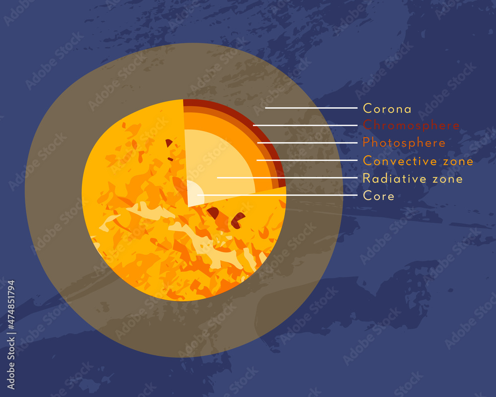Sun internal structure. Solar model, star diagram. Core, radiative