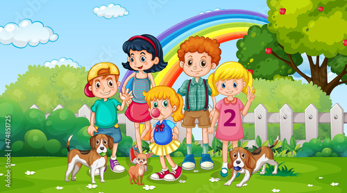 Park scene with children playing with their animals