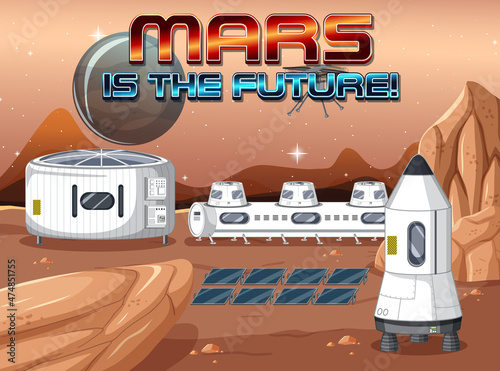 Space station on planet with Explore Mars logo