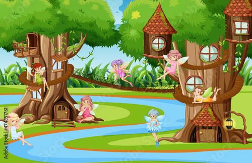 Fantasy forest with cute fairies