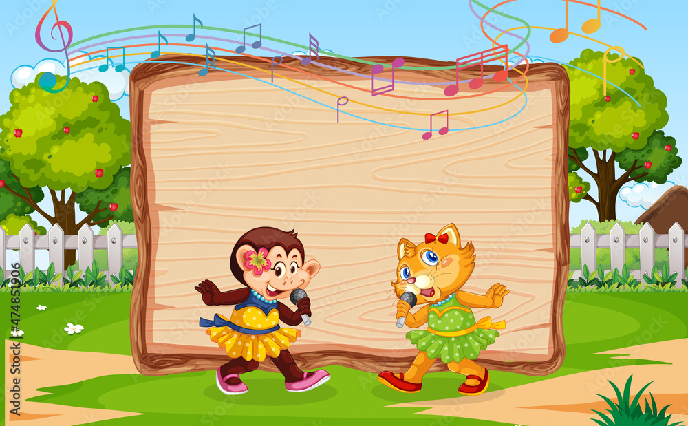 Obraz premium Empty wooden board with cat and monkey at nature park