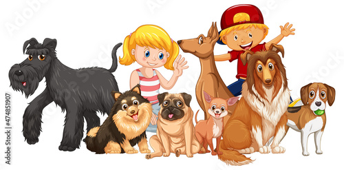 Children with their dogs on white background