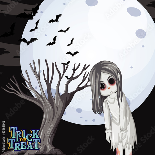 Ghost girl with black eyes on full moon background