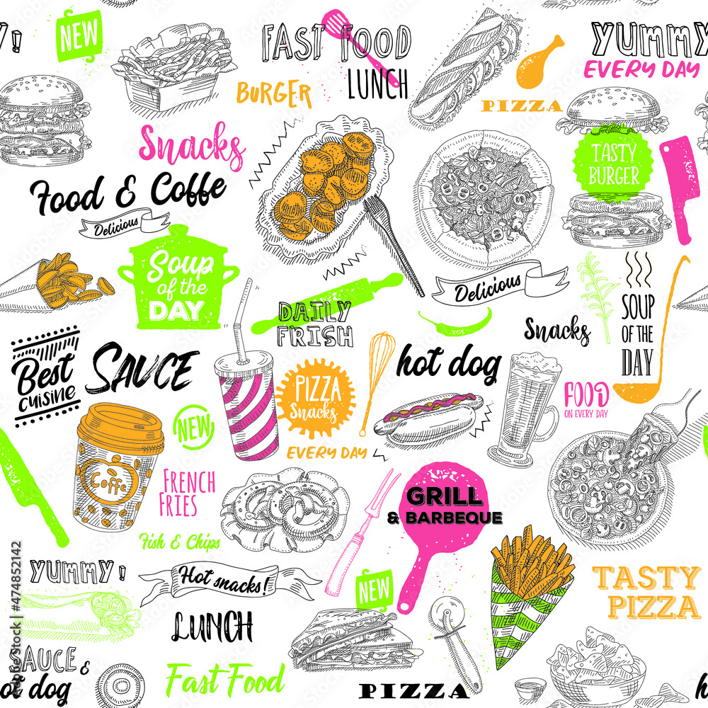 Fast food seamless pattern.  Burgers, pizzas, sausages, pop corn, french fries, coffe etc.. Fish and Chips - doodle sketchy seamless vector pattern. 