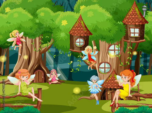 Fantasy forest with cute fairies