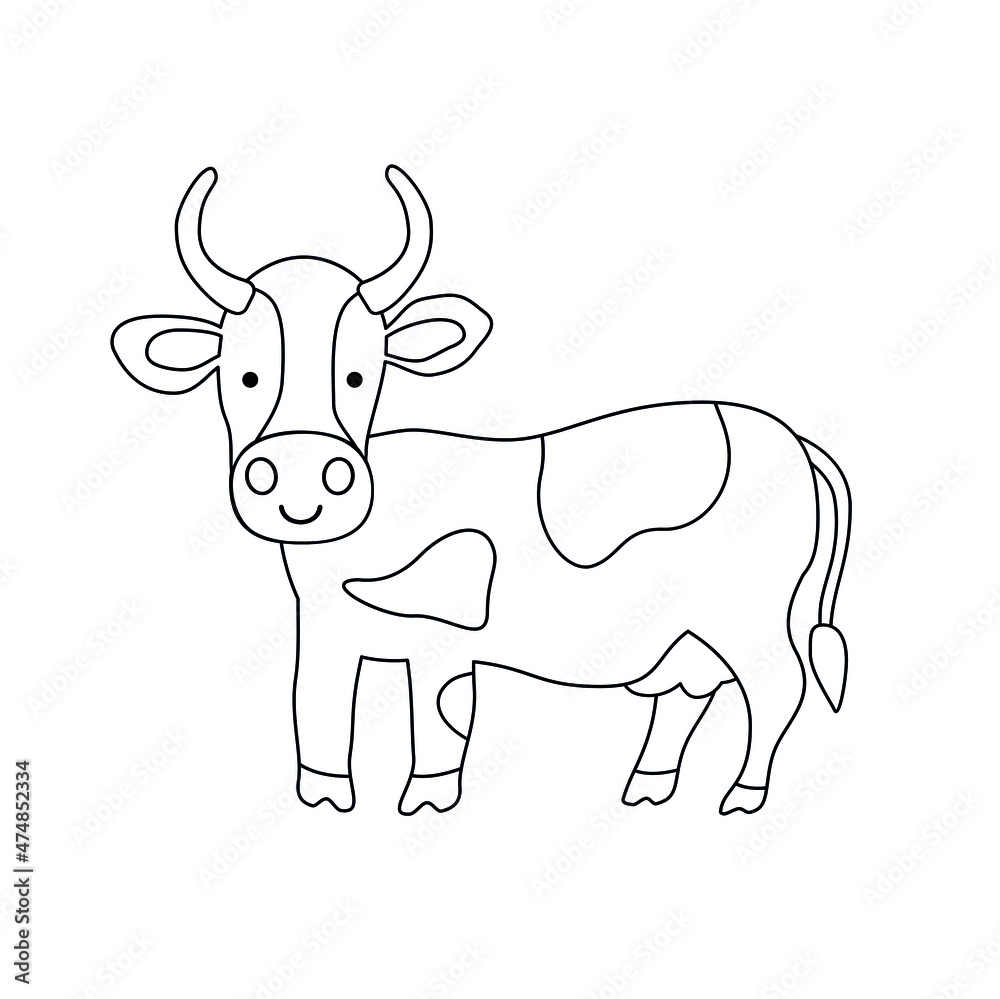 Vector isolated black and white illustration with cute cow, kine, neat in flat simple style on white background. Children's coloring page, hand-drawn print. Cartoon funny animal. Doodle outline. Vector isolated black and white illustration with cute cow, kine, neat in flat simple style on white background. Children's coloring page, hand-drawn print. Cartoon funny animal. Doodle outline.