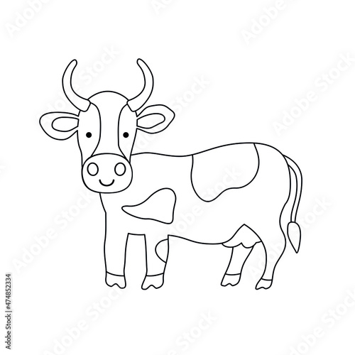 Vector isolated black and white illustration with cute cow, kine, neat in flat simple style on white background. Children's coloring page, hand-drawn print. Cartoon funny animal. Doodle outline.