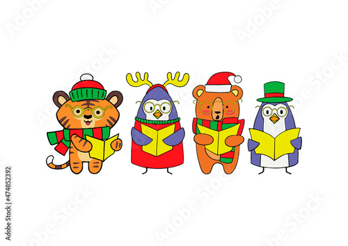 Christmas set of animals tiger, bear, penguin isolated on white background. Vector illustration in a flat style for decorations, invitations and cards for Christmas and New Year.