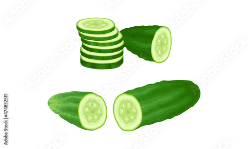 Fresh green whole and sliced cucumber vegetable. Healthy nutrition food vector illustration
