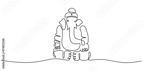 Continuous one single line of elephant statue or ganesha in india isolated on white background.