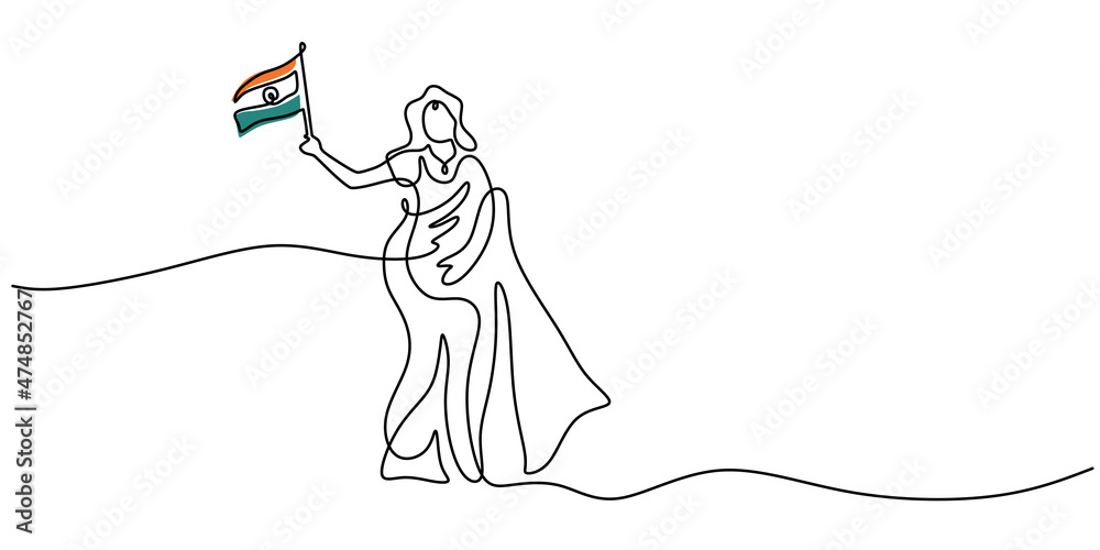 Continuous one single line of india woman holding india flag for republic day isolated on white background.