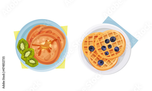 Top view of meal served on plates set. Fresh waffles and pancakes vector illustration