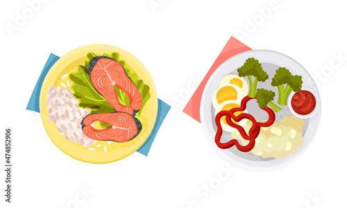 Top view of meal served on plates set. Salmon fish with rice, fried eggs with vegetables vector illustration