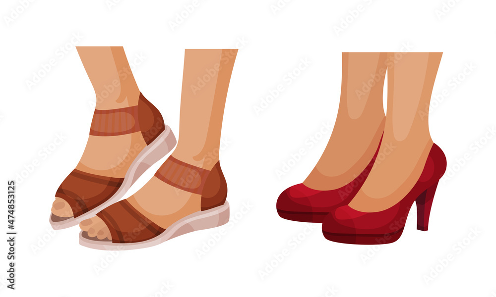Set of female leegs in trendy shoes. Sandals and high heel shoes seasonal footwear in casual style vector illustration